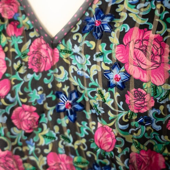 Diane Freis Beaded Floral Ruffle Polka-Dot Peasant Tassel Tiered Retro Dress - Picture 2 of 6